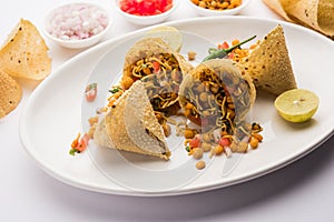 Papad coneÂ chaat or chat is an easy but healthy and crunchyÂ tea timeÂ snack from India